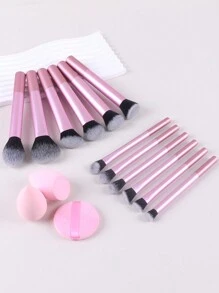 12pcs Multi-Functional Makeup Brush Set - Powder, Blusher, Foundation, Eyeshadow, Contour Brushes + Angled Makeup Sponge, Round Makeup Sponge, Pink Makeup Puff