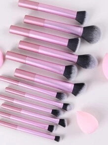 12pcs Multi-Functional Makeup Brush Set - Powder, Blusher, Foundation, Eyeshadow, Contour Brushes + Angled Makeup Sponge, Round Makeup Sponge, Pink Makeup Puff