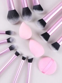 12pcs Multi-Functional Makeup Brush Set - Powder, Blusher, Foundation, Eyeshadow, Contour Brushes + Angled Makeup Sponge, Round Makeup Sponge, Pink Makeup Puff