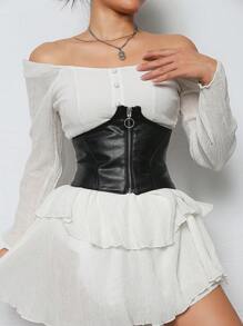 1pc Soft Leather Zipper Design Waist Belt For Women Waist Trainer - Black - View 3