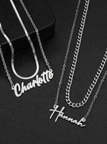 1 件双层链，蛇形链字母项链，新款复古不锈钢锁骨链，适合女孩，电镀 18k 金不锈钢项链，含礼品盒，适合朋友、情侣、家人、节日礼物 - 銀色 - 查看 2