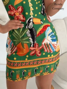 Women's Short Dress With Casual Print Straps - 巨嘴鳥印花綠色 - 查看 3