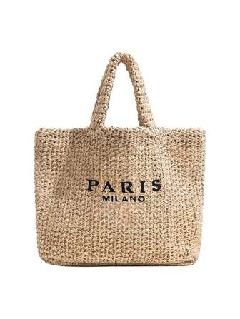 Bolso de tote de paja de gran capacidad estilo casual, bolso de mano de mujer con diseño de letras, hecho a mano y tejido, bolso de playa grande, bolso de compras perfecto para vacaciones, viajes y playa