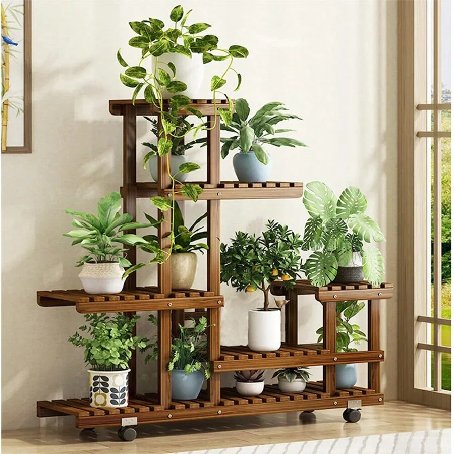UNHO Plant Stand With Wheels: 6 Tiered Wooden Shelf Rolling Storage Rack Holder For Patio Garden Livingroom Balcony Yard Indoor Outdoor Display Potted Flowers Succulents Herbs - Màu Khaki - Xem 1