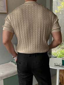 男士纯色简约短袖针织上衣，休闲日常穿着 - 卡其色 - 查看 3