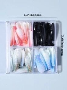 96pcs(4style) Long Coffin Gradient Glitter Design Acrylic Nail Tips Full Cover False Nail Tips Press On Nails With Storage Box As For Suitable For Women And Girls Daily Life And Party Use - Multicolor - View 8