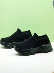 Damskie czarne grube podeszwy dzianinowe trampki platforma Retro buty w stylu casual wsuwane buty ze skarpetami