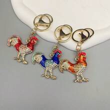 1 件装彩色块公鸡钥匙扣水钻镶嵌闪亮金色合金钥匙圈包包吊坠汽车饰品适合女士女孩 - 彩色 - 查看 9