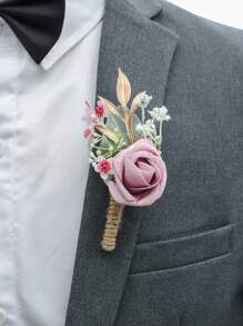 6pcs Rose Flower With Green Plant Romantic Floral Brooch Set, Suitable For Wedding Decor, Events, Formal Parties Valentine's Day