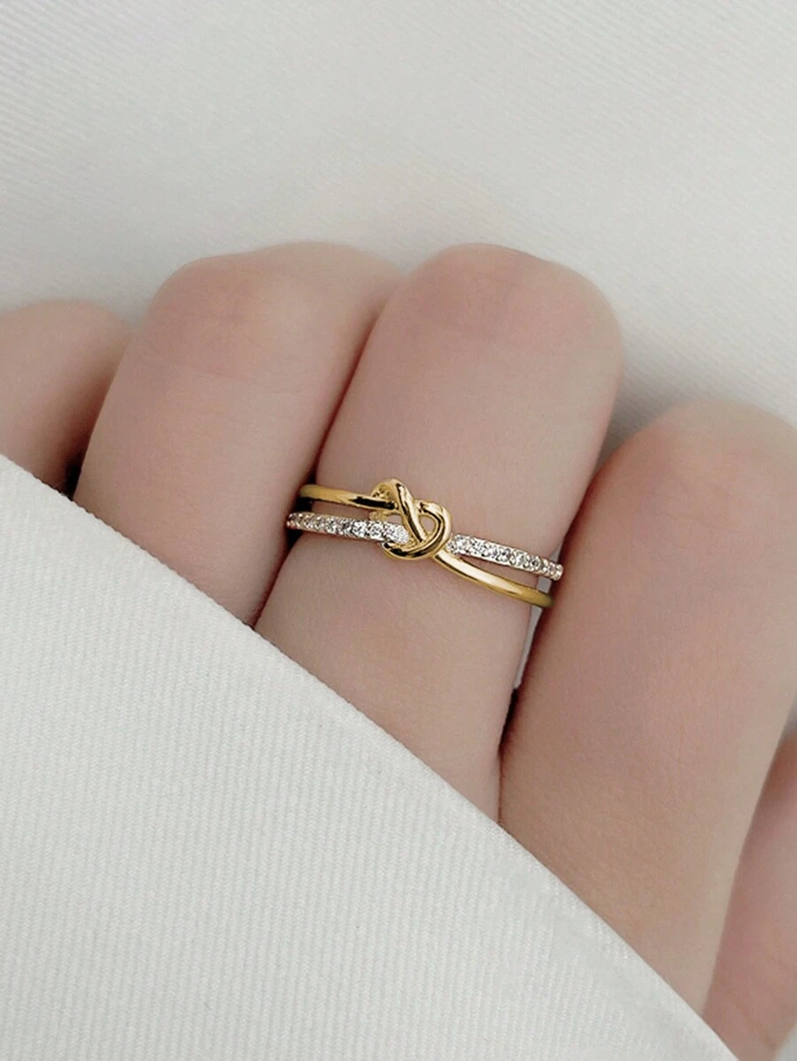 1pc Luxury Copper Gold Color Twisted Criss-Cross Full Rhinestone Ring, For Women Daily,Party,Event - 金色 - 查看 1