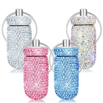 Estuche brillante para pastillas, contenedor de pastillas portátil para viajes, botella con rhinestones, pequeño soporte para pastillas con llavero, caja de almacenamiento de pastillas mini y linda para acampada al aire libre