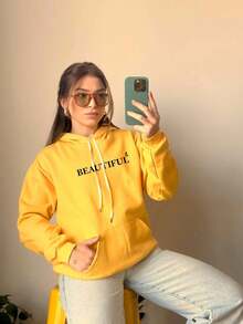 Cold Blouse Unisex Kangaroo Sweatshirt With Hood Cotton Flannel Plush Printed Beautiful 7078 - Màu vàng - Xem 2