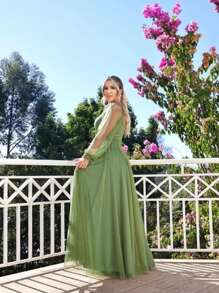 Long Sleeve Prom Bridesmaid Dress Without Shine Up To Plus Size - Màu xanh Ô liu - Xem 3