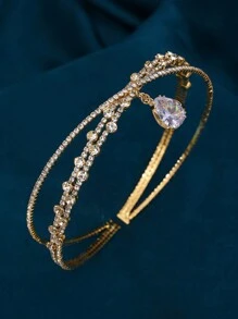 1件套优雅水滴水晶公主项链及头链，椭圆形吊坠项链，水钻皇冠头饰，百搭新娘婚礼配饰，闪亮字母装饰 - 金色 - 查看 4