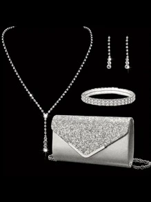 Women's Fashion Versatile Shiny Elegant Handbag, Evening Bag With Chain Shoulder Bag, Cocktail Dress Accessory Set: Long Pendant Necklace, Earrings, 4pcs Set, Perfectly Matching With New Years Outfit, Tready Party Bags,Perfect For Party, Wedding, Prom, Dinner/Banquet, Essential Wedding Items,Perfectly Matching With Graduation Dress, Prom Dresses