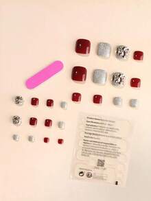 24 piezas de puntas de uñas de presión para los dedos de los pies en diseño cuadrado recortado, acabado brillante en azul klein, negro, gris, burdeos con decoración de pedrería y brillo, que incluyen 1 lima de uñas y 1 suministro de uñas adhesivas de gel de gelatina - azul real - Ver 4