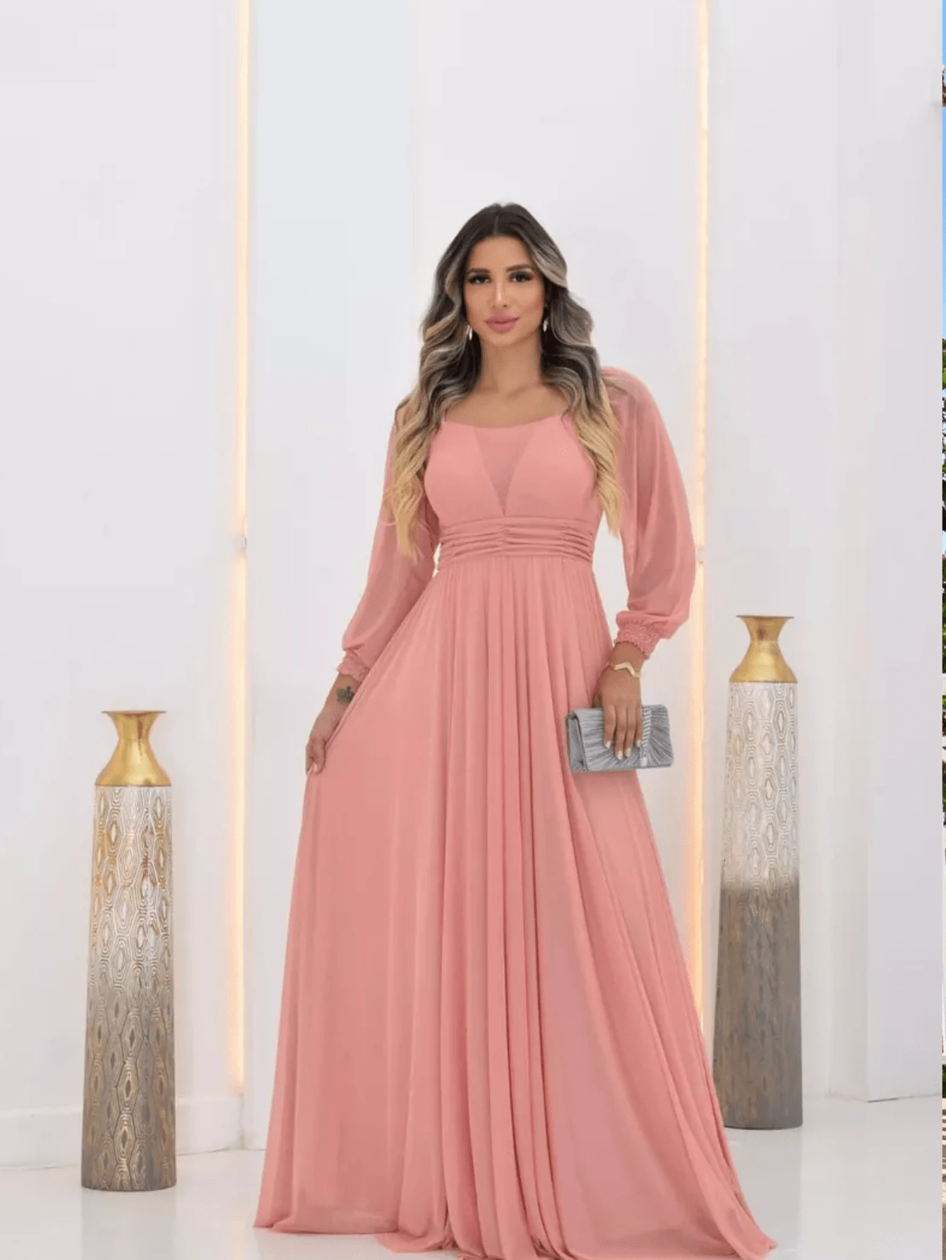 Long Sleeve Prom Bridesmaid Dress Without Shine Up To Plus Size - Rusty Rose - View 1