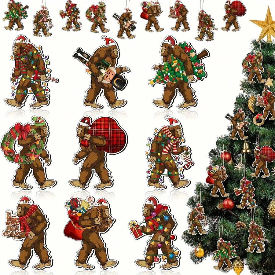 27 piezas Adorno de árbol de Navidad Ornamento de Bigfoot de madera Adorno colgante de Bigfoot de Navidad Decoración divertida del árbol de Navidad Gorilas Adornos decorativos colgantes para la decoración navideña