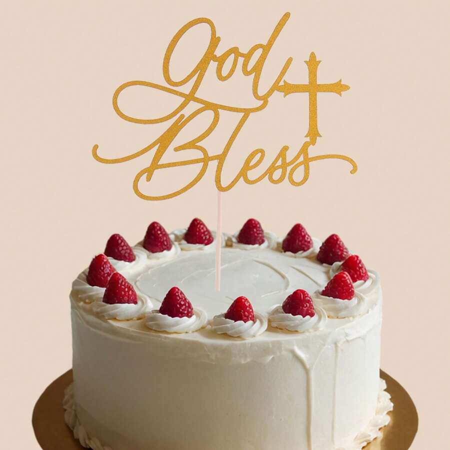 1pc God Bless Golden Cake Topper- Baptism Cake Decors, Christening Party Decorations,  Gold Glitter - Gold - View 1