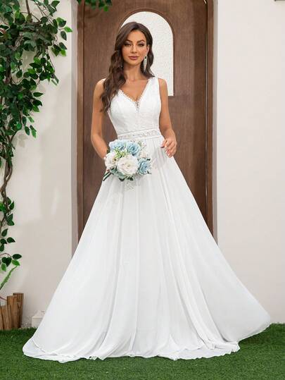 Robe de mariée longue romantique en mousseline de soie avec patchwork de dentelle, élégante blanche pour l'automne