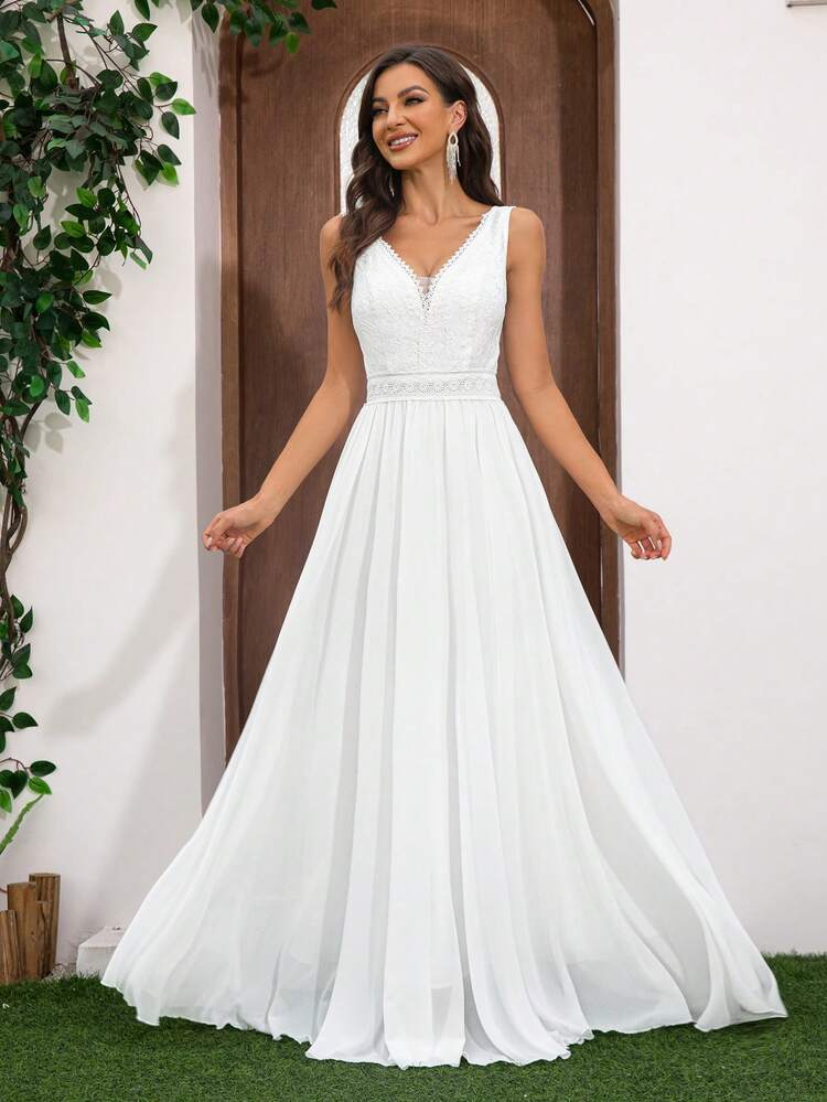 Women's Romantic Chiffon Lace Patchwork Floor-Length Wedding Dress,Bride - White - View 3