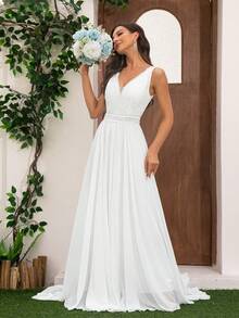 Vestido de Noiva Longo até o Chão Romântico de Renda e Chiffon com Recorte, Noiva