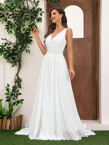 Vestido de Noiva Longo até o Chão Romântico de Renda e Chiffon com Recorte, Noiva