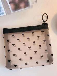 1pc Flocked Mesh Heart Shaped Makeup Bag, Large Capacity Multi-Function Portable Breathable Transparent Organizer Pouch In Purple And Beige - Multicolor - View 11