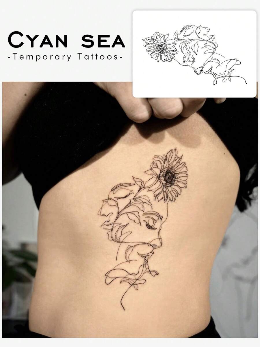 1 件防水、防汗、可水洗、不反光临时纹身贴纸，PVC 艺术花卉和向日葵纹身贴花，适合时尚人士 - 黑色 - 查看 1