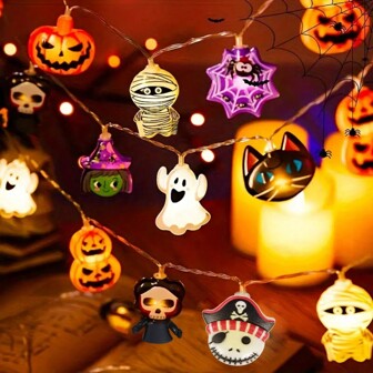 1PC Halloween 10/20/30 LED Battery Powered String Lights With Ghost Witch Cat Pumpkin Spider Web Skeleton Mummy Pirate Shape Indoor Outdoor Decorative Fairy Lights Suitable For Home Garden Halloween Party Festival Decoration(Random 9 Pattern ,Random Order,Warm White) Halloween Decoration Room Decor Halloween Garden Decor For Gift Fairy Holiday Decor Festival Decor