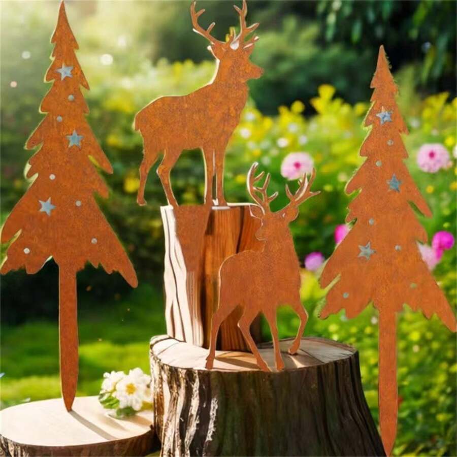4 piezas Adornos de ciervos y árboles grandes de hierro oxidado de 28 cm, decoración del hogar para Navidad, Halloween, jardín, césped, maceta, interior - Óxido marrón - Ver 1