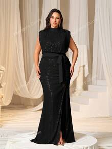 Faeriesty Plus Mock Neck Sequin Belt Jurk Elegante Formele Avond Gastjurk, Voor Afstudeerfeestjurk
