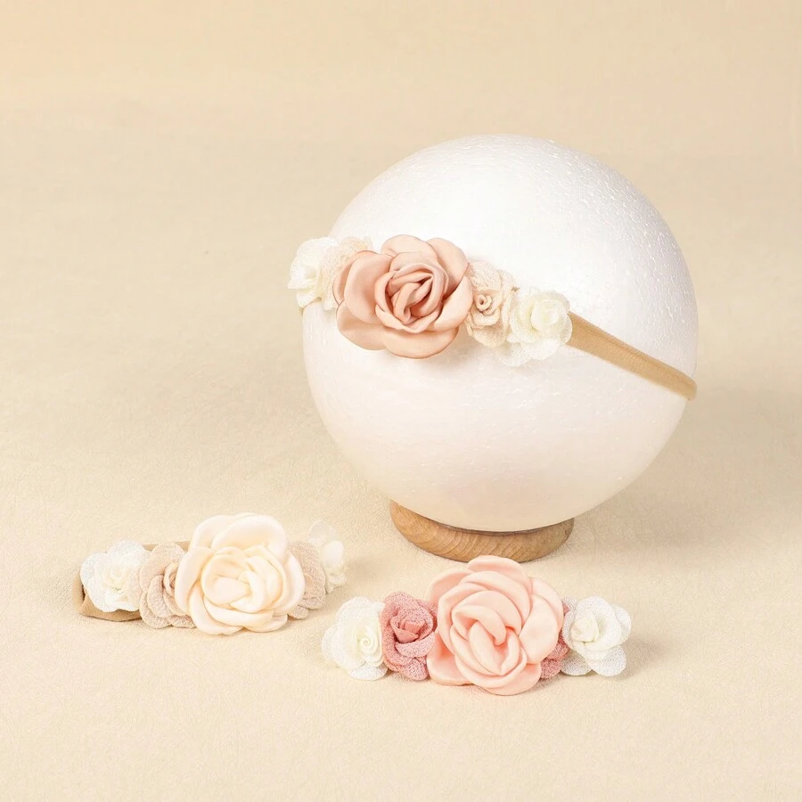 3pcs/Pack Baby Girls Soft & Stretchy Nylon Flower Headbands, Suitable For Newborns & Infants Photo Shoot - Mika Artificial Flower 3-piece Set - View 1