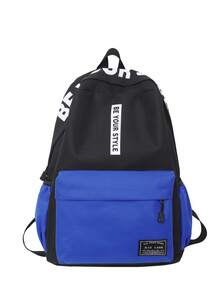 Contrast Color Backpack, Unisex Casual Letter Print Backpack, School Bag For College Students - Blue - View 3