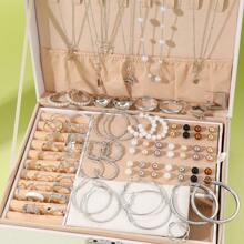 86 件套简约优雅仿珍珠心形蝴蝶星形设计项链、戒指、耳环首饰套装，适合女士日常、派对时尚配饰，银色（无盒） - 銀色 - 查看 13