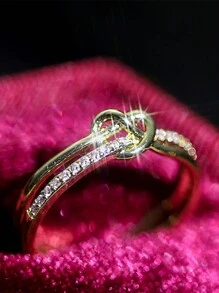 1pc Luxury Copper Gold Color Twisted Criss-Cross Full Rhinestone Ring, For Women Daily,Party,Event - 金色 - 查看 3