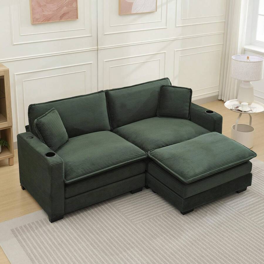 82.7" Cloud Couch Sectional Sofa, Modern 3 Seat L Shaped Couch With Ottoman & Cup Holder & USB Ports, Upholstered Corduroy Couch Comfy Couches For Living Room, Apartment - 綠色 - 查看 1
