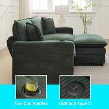 82.7" Cloud Couch Sectional Sofa, Modern 3 Seat L Shaped Couch With Ottoman & Cup Holder & USB Ports, Upholstered Corduroy Couch Comfy Couches For Living Room, Apartment - 綠色 - 查看 5