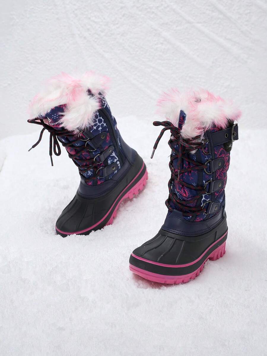 Kids Snow Boots, Waterproof Insulated Mid Calf Winter Boots With Black Faux Fur Lining For Boys And Girls - 藏蓝色 - 查看 1
