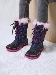 Kids Snow Boots, Waterproof Insulated Mid Calf Winter Boots With Black Faux Fur Lining For Boys And Girls - 藏蓝色 - 查看 2