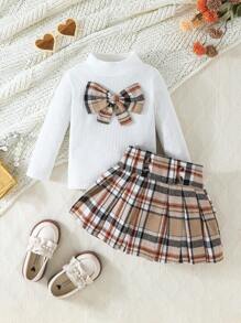 2 pezzi/set Top a maniche lunghe carino e casual con fiocco e gonna a quadri per ragazze giovani - Multicolore - Visualizzare 3