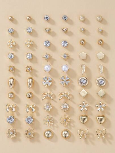 30pairs Set Elegant Minimalist Rhinestone Flower, Heart, Bow Stud Earrings Set, Luxury Gift For Women Valentines,Mom,Mother,Mother's Day,Gift