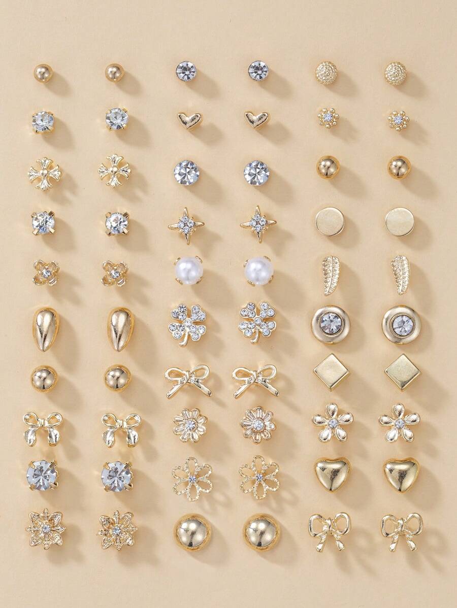 30 对套装优雅简约水钻花朵、心形、蝴蝶结耳钉套装，奢华礼物，适合女性情人节、妈妈、母亲、母亲节、礼物 - 金黃色 - 查看 1