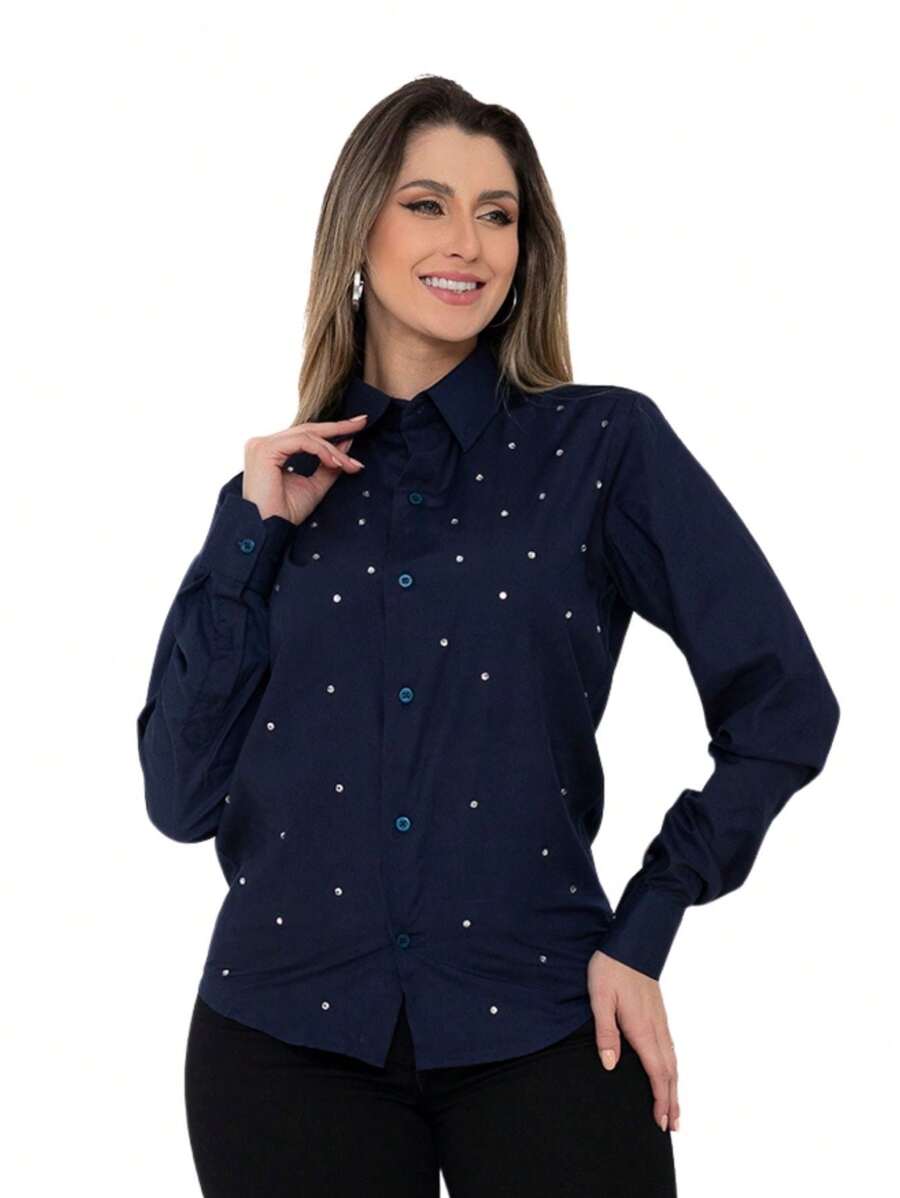 Women's Slim Long Sleeve Dress Shirt With Rhinestone Details - 藏蓝色 - 查看 1