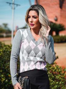 Women's Blouse Scottish Plaid Knitting Sweater V-Neck Tricot - 淺灰色 - 查看 1