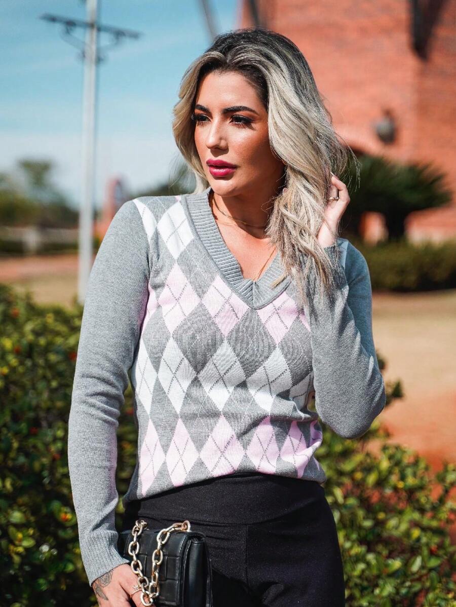 Women's Blouse Scottish Plaid Knitting Sweater V-Neck Tricot - 淺灰色 - 查看 1