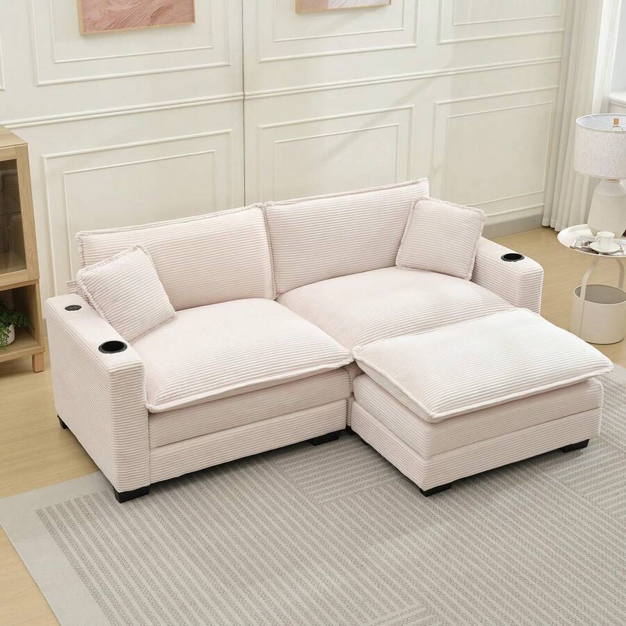 82.7" Cloud Couch Sectional Sofa, Modern 3 Seat L Shaped Couch With Ottoman & Cup Holder & USB Ports, Upholstered Corduroy Couch Comfy Couches For Living Room, Apartment - 米色 - 查看 1