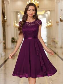 MIUSOL Floral Lace Corset With Ruffle Hem Cocktail Dress, For Valentine's Day - Maroon - View 2