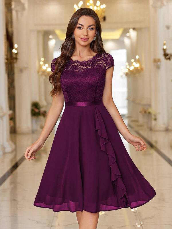 MIUSOL Floral Lace Bodice Ruffle Trim Cocktail Party Swing Dress