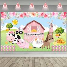 1 PIEZA Pancarta de fondo para fiesta de cumpleaños con tema de granja, 82.7 * 59.1/59.1 * 39.4/39.4 * 29.5 pulgadas con flores, vaca, lechón, cordero, decoración de fondo para fiesta de cumpleaños con tema de animales de granja, adecuada para fiesta de cumpleaños, mesa de pastel, fotomatón, sala de estar, dormitorio, estudio fotográfico, escena de transmisión en vivo, decoración de fondo de fiesta, suministros de regalo - Multicolor - Ver 1